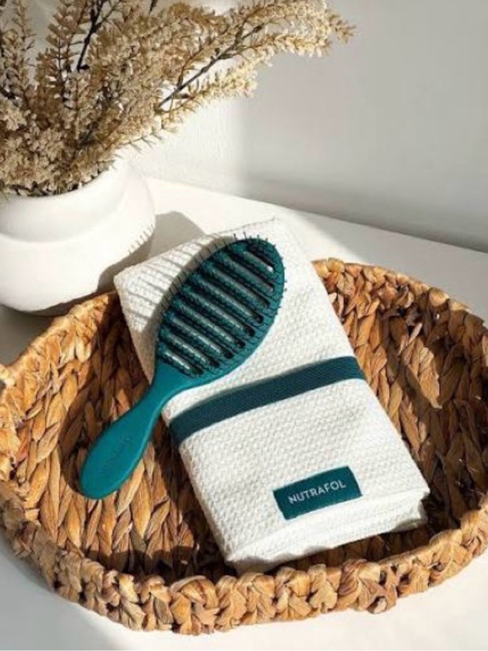 Nutrafol Teal Detangling Hair Brush with White Microfiber Towel